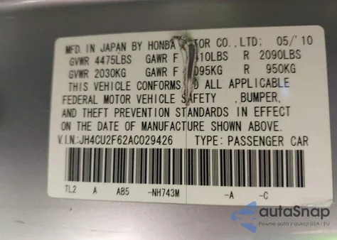 2010 Acura Tsx 2.4 из США, поврежденный, VIN JH4CU2F62AC029426